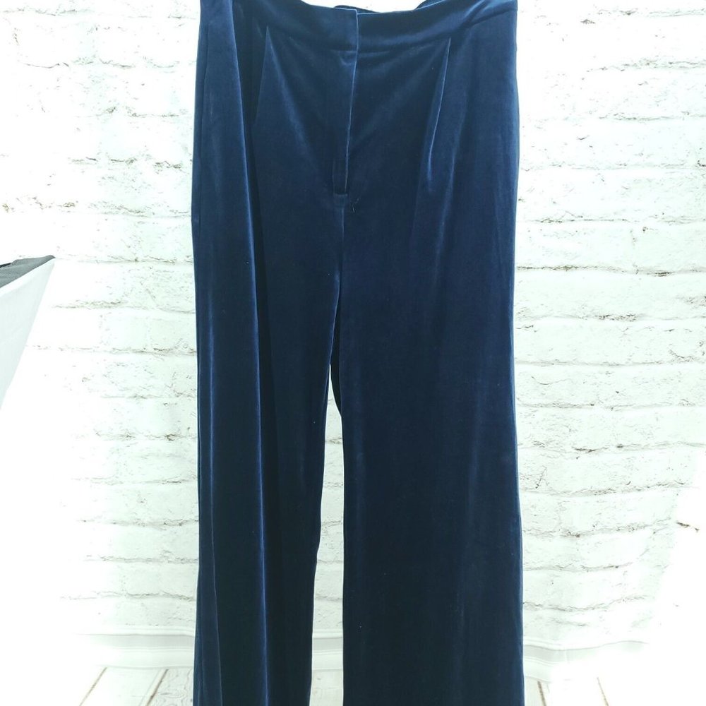 INSPR Brittany Xavier Womens Blue Velvet Pleated Low Rise Wide Leg Pants Size M
